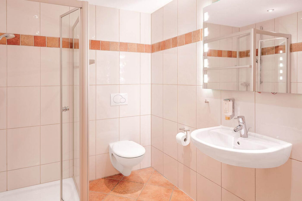 Helles Badezimmer mit Dusche, WC und Waschbecken - Bodenfliesen und Bordüre sind terracottafarben.