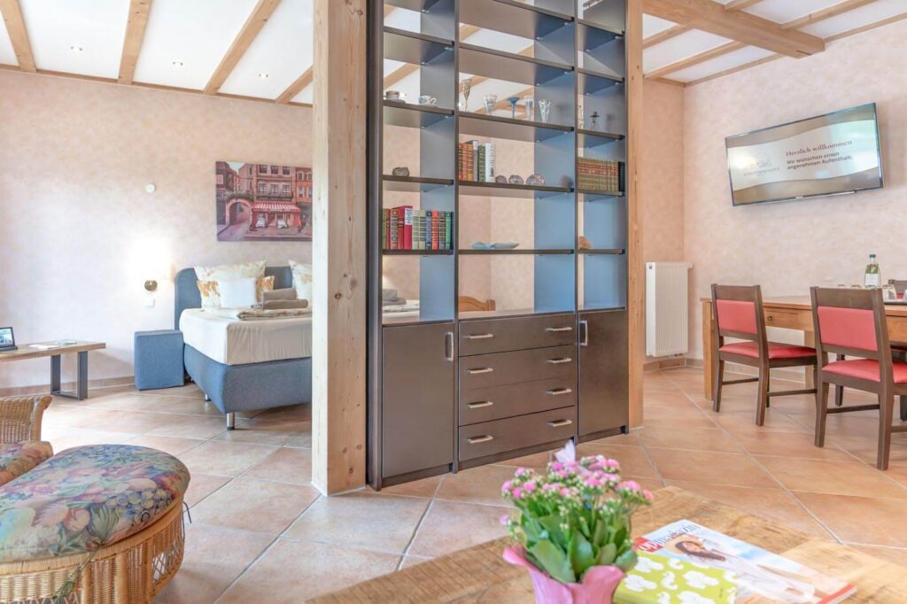 Blick vom Sofa Richtunhg Flachbildschirm, Esstisch und Raumteiler